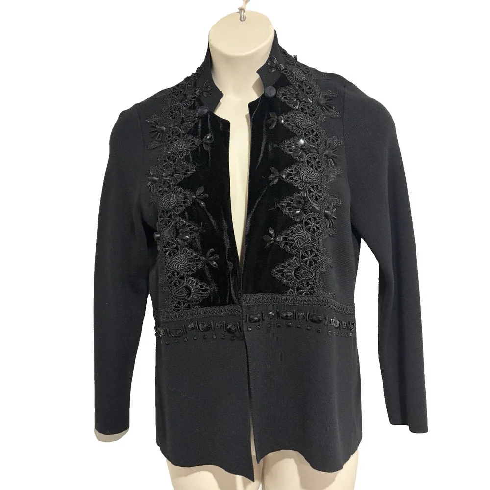 Chico's 2 Black Beaded Lace Trim Cardigan Sweater~US-L~Velvet Trim Whimsigoth